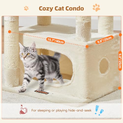 Image of Taoqimiao Cat Tree, 38.5In Cat Tower for Indoor Cats, Suitable for Kittens | Thick Padded Top Perch, Luxurious Cat Condo, Adjustable Basket, 1-Piece Ramp Scratcher, 3 Natural Sisal Posts, Beige, MS029SM