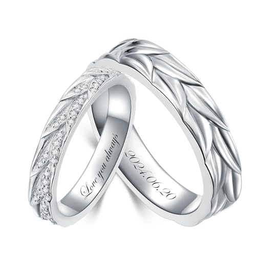 Personalized Engraved Diamond Couples Rings Wedding Band Sets For His & Hers 10K 14K 18K Gold/Sterling Silver Engagement Ring Anniversary Christmas Valentine's Day Birthday Jewelry Gift