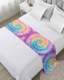 Colorful Tie Dye Bed Runners for Queen Size Beds, Decorative Bed Throws for Foot of Beds, Luxury Bedding Protector Slipcover Rainbow Ombre Abstract Pattern Art Bedrunners & Scarves for Hotel, 83'x20'