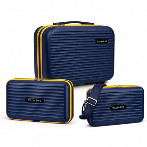 Image of VALMORE Jet Kit Travel Combo, Pack of 3, Hard Shell Organiser, Mini Sling Bag and Vanity Box, Polycarbonate, Unisex, Gadget, Toiletry and Essentials Storage Set (Navy Blue)