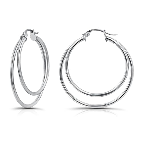 Hoops & Loops 925 Sterling Silver Double Circle 30mm Round-Tube Polished Click-Top Hoop Earrings for Women