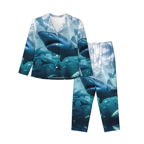 Pyjama imprimé requins femme manches longues et bas élastique confortable