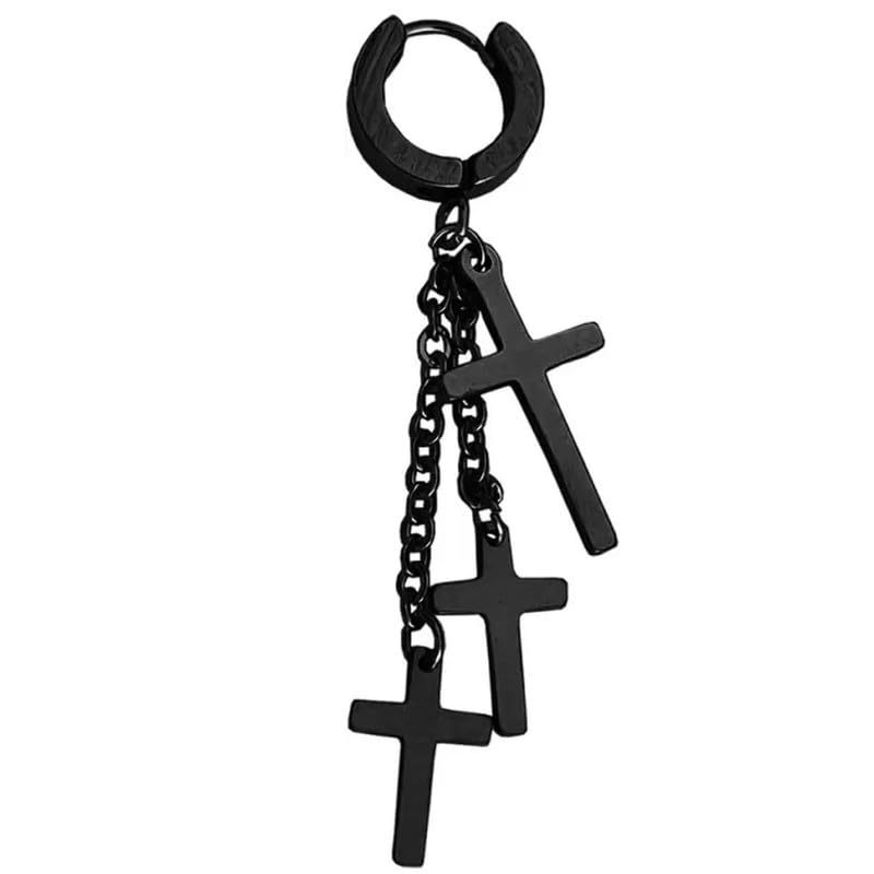 m men style Religious Triple Jesus Cross Drop Huggie Piercing Hoop Black Stainless Steel Earrings For Men And Women-picture-16