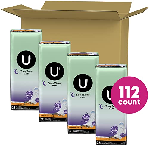 U By Kotex Clean & Secure Overnight Maxi Pads With Wings, 112 Count (4 Packs Of 28) #TOP1