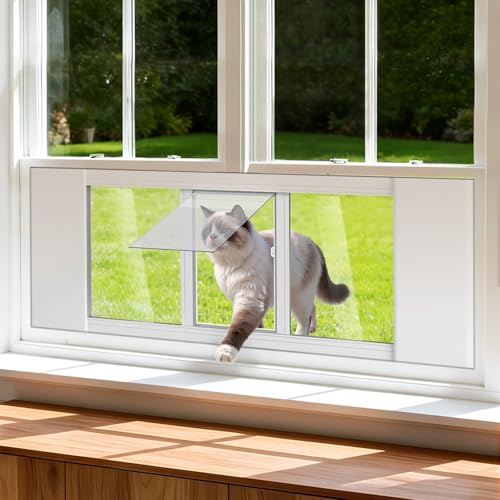 Window Pet Door Adjustable to Fit Window Aluminum Frame Cat Door for Window Quick Install with No Damage Window sill cat flap (S)