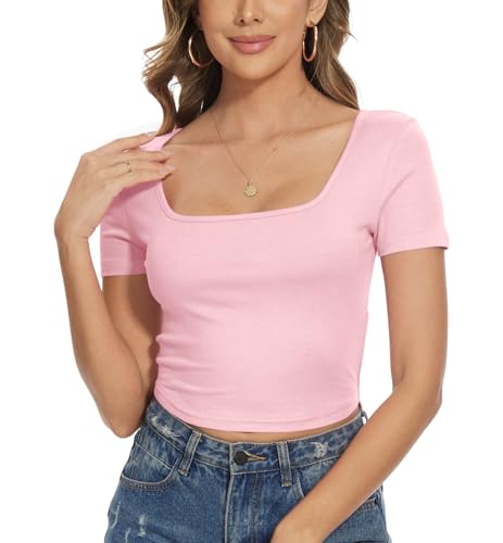 Preppy Clothes Pink Teen Girl Summer Square Neck Crop Tops for Women Y2k Cute Tight Short Sleeve Shirts Fitted Basics Tshirts Baby Tee Trendy 2025 Coastal Sexy （Pink Xs