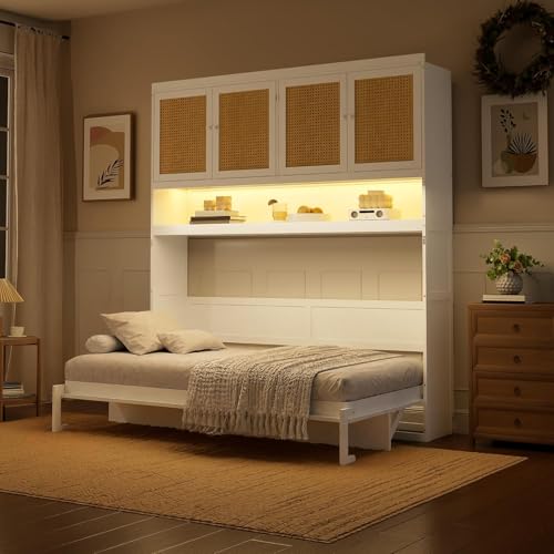 Twin Horizontal Murphy Bed with Desk and Storage,Charging Station…