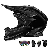 Adult Motocross Helmet ATV Dirt Bike Off-Road Full Face Motorcycle Helmet W/Goggles Gloves & Mask, DOT Approved (Bright Black, Large)