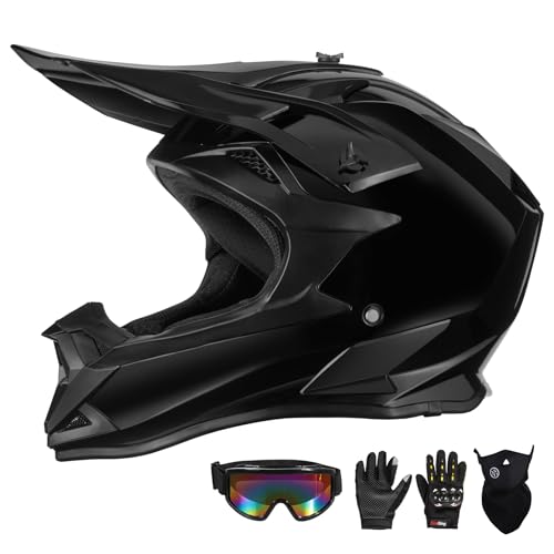 Image of Adult Motocross Helmet ATV Dirt Bike Off-Road Full Face Motorcycle Helmet W/Goggles Gloves & Mask, DOT Approved (Bright Black, Large)