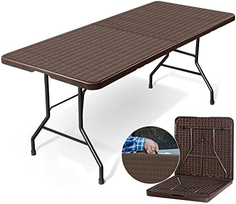 Todeco 6 Feet Imitated Rattan Folding Table, Heavy Duty Portable Plastic Indoor Outdoor Picnic Party Dining Camping Tables w/Handle, Brown