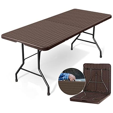 Todeco 6 Feet Imitated Rattan Folding Table, Heavy Duty Portable Plastic Indoor Outdoor Picnic Party Dining Camping Tables w/Handle, Brown Cover