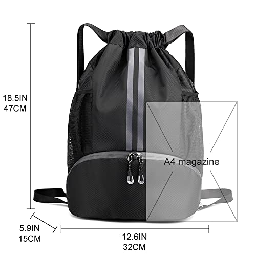 Veki Mochila Deportiva Cuerdas para Mujer Hombre, Bolsa de Cuerdas con Compartimento de Zapatos, Bolsa de Deporte Cordón, Bolso de Fútbol, Gimnasio Mochila para Senderismo, Viaje, Playa (Negro) - imagen 5