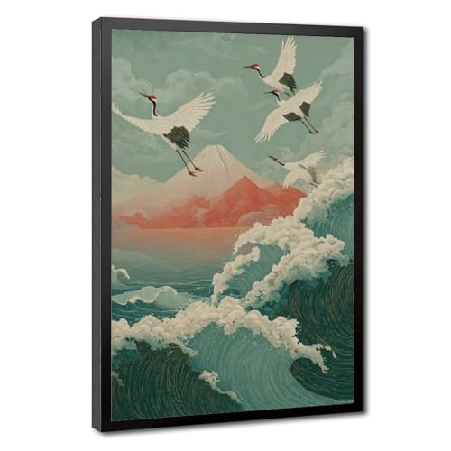 Toile de qualité grue japonaise et Mont Fuji pour une décoration murale raffinée