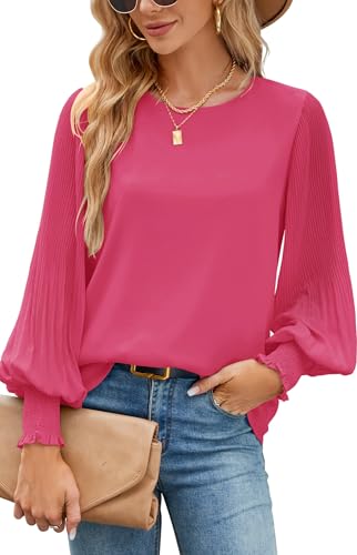 Image of Aifer Womens Tops Dressy Casual Long Sleeve Shirts Chiffon Blouses | Sheer Pleated Lantern Sleeves, Crew Neck, Back Keyhole, Versatile, Ideal for Office Workwear, Daily Outfits, Party Looks