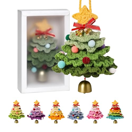 JSSTEM Handmade Crochet Christmas Tree, Hand-Knitted Ornaments Car Pendant with Bells, Stars, Bows & Pom Poms, Cotton Xmas Decor for Holiday Tree, Festive Gift, Home, Car and Party Decor, Green