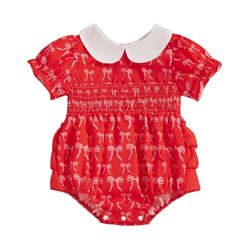 Newborn Baby Girl Romper Bow Embroidery Short Sleeve Pleated Smock Bubble Romper Jumpsuit Bodysuit Summer Clothes