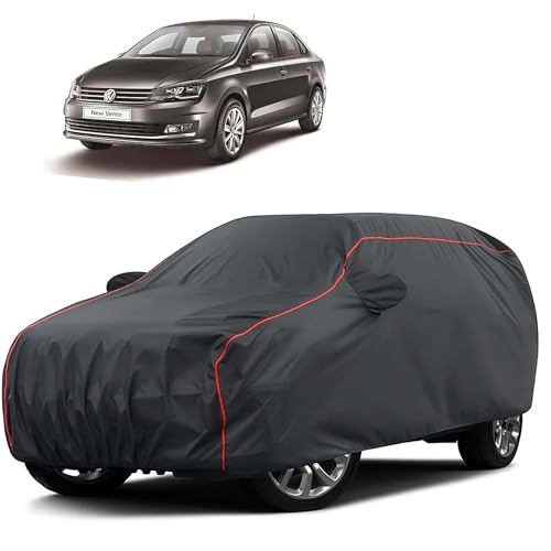 Image of Sulfar 100% Water Resistant Car Body Cover Compatible with Mirror for Volkswagen Vento (Triple Stitched, Full Bottom Elastic, Dark Grey Taffeta with Red Piping)