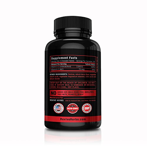 Revive Herbs Vitamin K2 D3 - Cherry Flavored Chewable Tablets For Superior Calcium Absorption - Supports Bone & Cardiovascular Health - Serving Size K2 Mk7 225 Mcg, D3 6000 Iu - Vitamin D3 K2 #TOP1