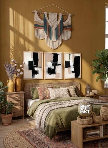 Image of BLINKART Set of 3 BLACK BEIGE BRUSHSTROKE Natural Brown Frame Painting for Wall Decoration - Modern Art Wall Decor Framed Painting for Living Room Bedroom - Framed Wall Posters /Paintings (8X12 inch)