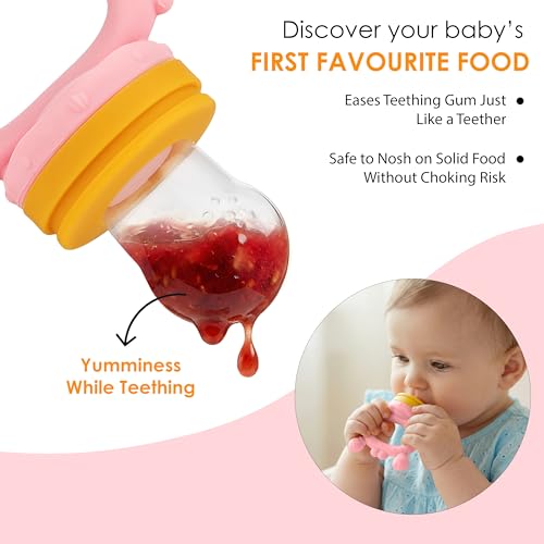Image of BabyGo Silicone Baby Crab Nibbler & Teether with Rattle Handle | Soft Feeding Feeder for Fruits | Easy Grip Self-Feeding Teething Pacifier & Teether for Babies 6-12 Months | Multicolour | Pack of 1