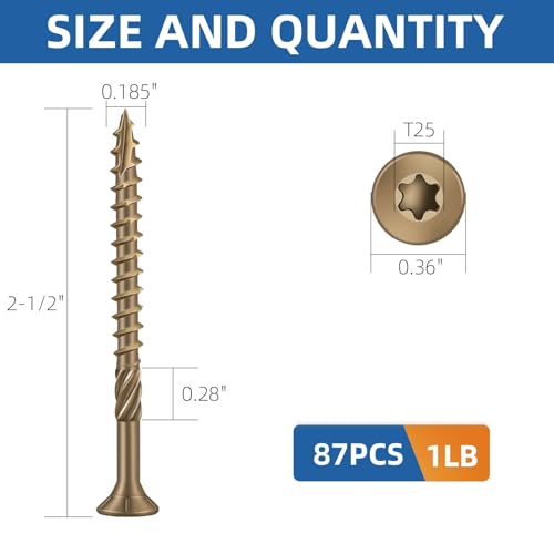 Image of #9 x 2-1 /2 inch Heavy-Duty Deck Screws - Bronze Long Outdoor Wood Screws, Torx Drive with T25 Bit, Rust Resistant for Wood Decking and Fence (1lb,87Pcs)