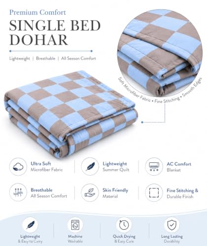 Image of Single Bed Dohar Earthy Blue Checkered | Lightweight Summer Quilt | Soft Microfiber AC Blanket | Breathable All Season Comforter | Skin Friendly Bed Cover