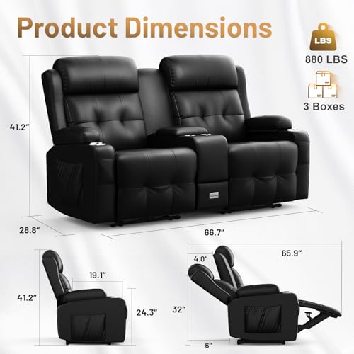 Image of Recliner Sofa Set, Home Theater Seating with Massage, Loveseat Recliner Couch and Recliner Single Chair with USB, Wall Hugger Reclining Movie Theater Chair with Cup Holders, Drawer for Gaming Room