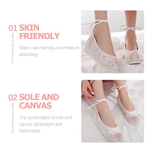 1 Pair Women Hanfu Shoes Chinese Embroidered Flower Flat Retro Ethnic Slope- Heel Shoes Vintage Floral Silk 6