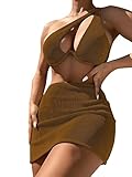 SweatyRocks Women's 3 Piece One Shoulder Bathing Suit Push Up Cut Out Bikini Swimsuit & Beach Skirt Set Brown S