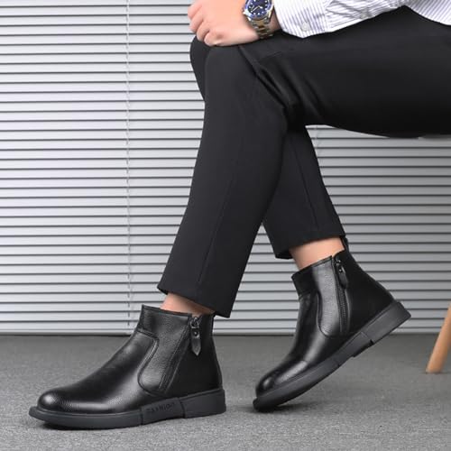 Myallfeet Men's Leather Flat Bottom Side Zippered Chukka Leather Boots Classic Fashion Mid Top Work Business Boots Comfortable And Non Slip Chelsea Dress Boots4