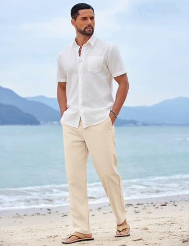 Image of COOFANDY Mens Cotton Linen Pants Casual Drawstring Summer Beach Pants Lightweight Linen Dress Trousers