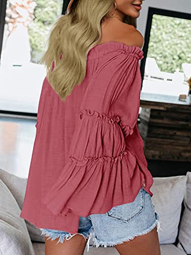Womens Off The Shoulder Long Bell Sleeve Tops Flared Casual Loose Blouse (Navy Pink, Large) #TOP2