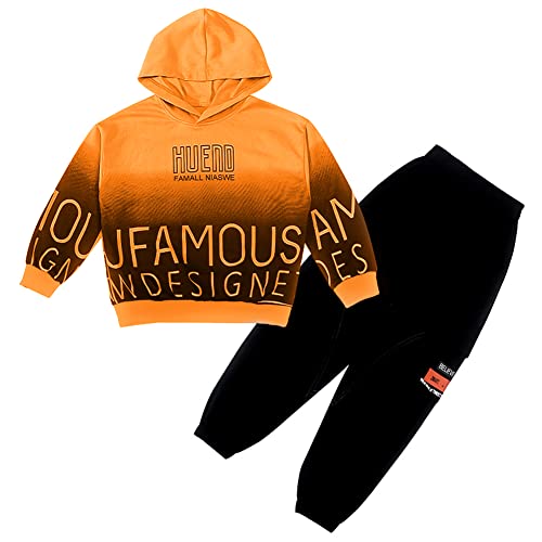 Boy Clothes Set, Kids Letter Printed Hoodie & Cargo Pants Outfit Casual Tracksuit(Orange,11-12 years,tag size 160)