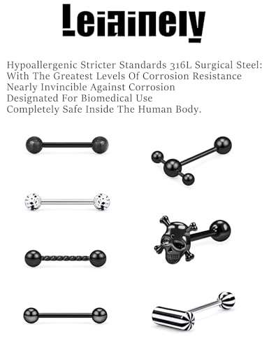 Black 14g Metal Plastic Silicone Tongue Rings Piercing Jewelry for Women Men Surgical Stainless Steel4