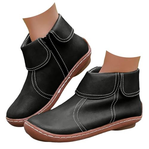 Women's Vintage Casual Short Ankle Boots, Fall Boots 2025 Arch Support No Heel Side Zipper Retro Leather Booties Comfy Damping Slip On Flat Shoes Fall Winter Waterproof Combat Boots