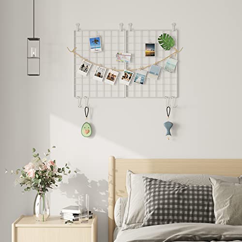C&AHOME Photo Wall Display Set of 2, Grid Panel with Hooks, Clips, Hemp Cord, Hammer - 15.7" x 11.8", White UWWGM3402W