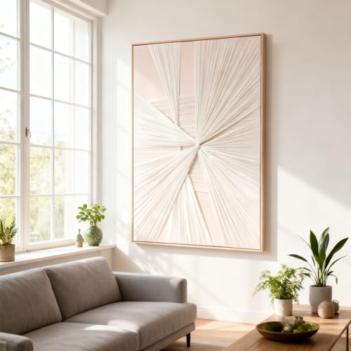 Artists' Handicraft, Large 3D Fabric Hand Painted Framed Wall Art, Minimalist Modern Luxury Artwork, Abstract Boho Modern Long Beige Wall Decor, Neutral Trendy Paintings for Living Room Bedroom Hallway Office, Vertical, 30x45 In