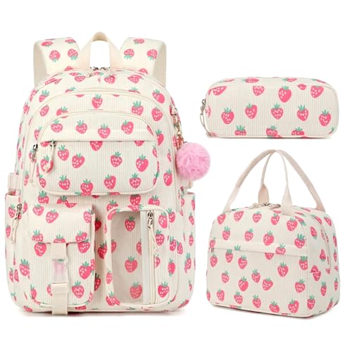 Sac d'école filles fraises 3 pièces en velours avec grand sac à dos léger