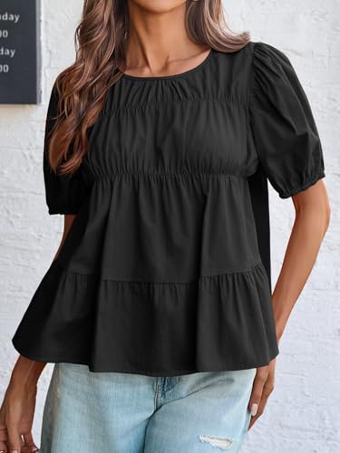 Image of Tankaneo Womens Puff Sleeve Peplum Babydoll Tops Summer Flowy Pleated Cotton T-Shirts Casual Loose Fit Cute Blouse