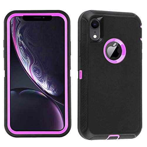 Annymall iPhone XR Case, Tri-Layer Heavy Duty [with Built-in Screen Protector][Support Wireless Charging] High Impact Resistant Full-Body Shockproof Cover for Apple iPhone XR (Black/Purple)