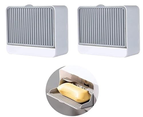 Image of SAHAJ Enterprise Plastic Creative Wall Mounted Double Bar Bathroom Soap Box Holder Soap Dish with Drainage Box Soap Box with Lid Single, Double Grid Soap Draining Rack (2, 1 Lid)