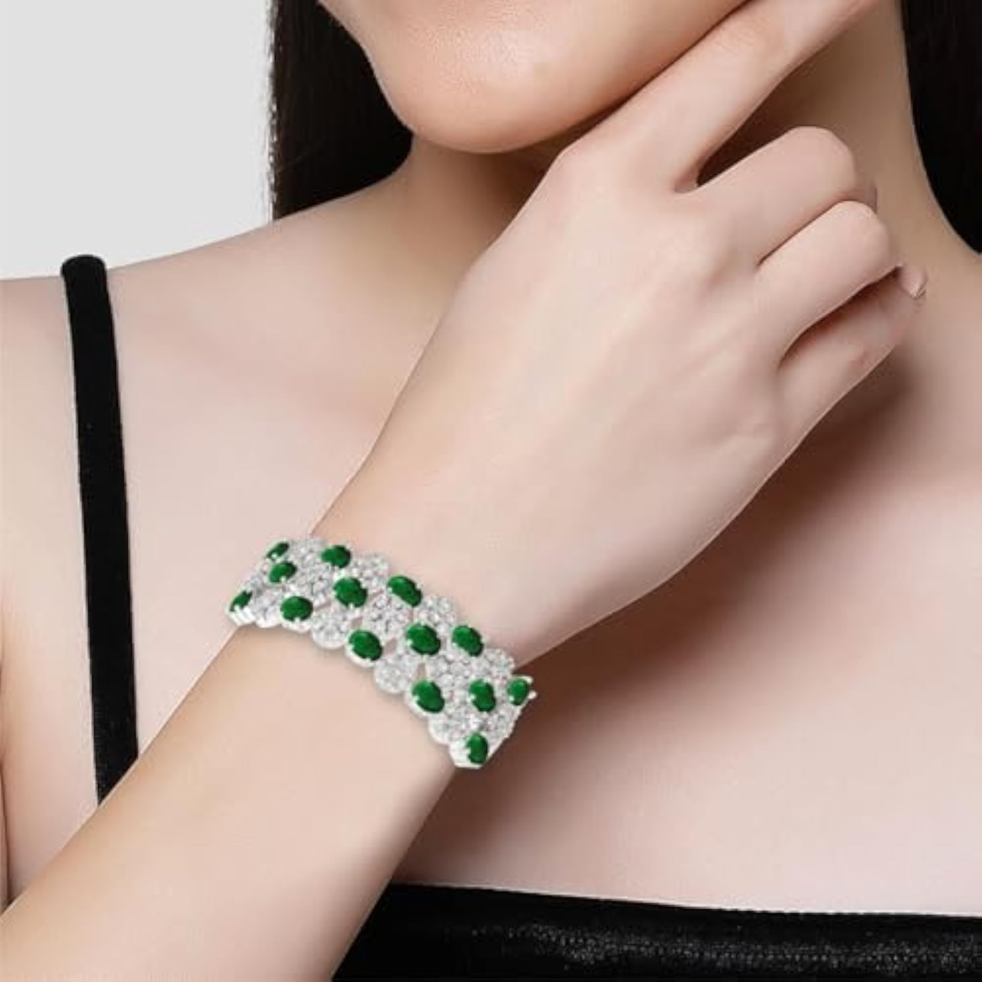 Women's Silver Plated Green Cubic Zirconia Hinge Bracelet
