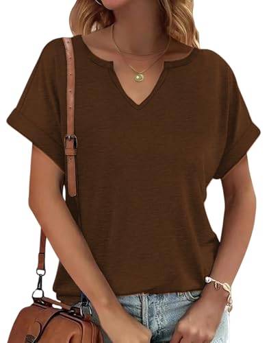 Womens V Neck T Shirts Casual Loose Tees Trending Now Summer Short Sleeve Tops(L,Brown)