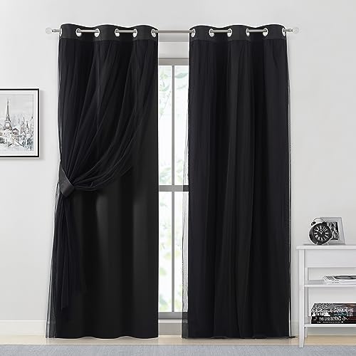 Image of Bujasso Black Full Blackout Curtain Panels with Sheer Overlay Mix and Match Double Layer Thermal Insulated Window Treatment Set for Living Room Black Drapes with Tiebacks Grommet Top 37 inch Wx95 Lx2