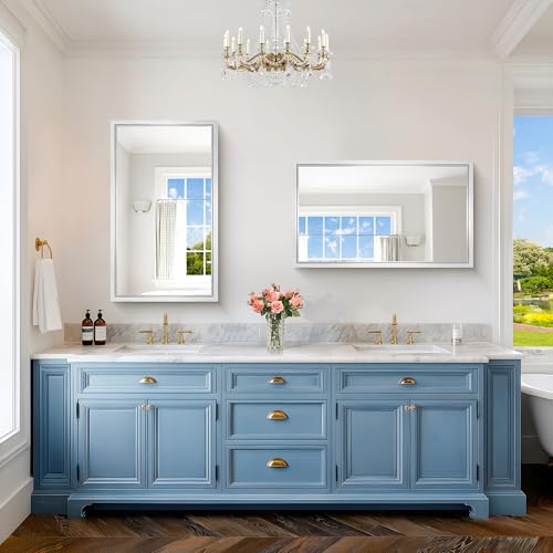 Image of Bathroom Mirror, 24 x 40 inch Brushed Silver Rectangle Mirror, 0.6 inch Thickened Deep Metal Frame Rectangular Vanity Mirror, Wall Mounted Mirror for Bedroom Living Room, Horizontal or Vertical