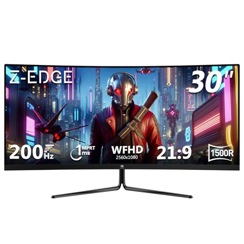 Z-Edge 30 Zoll Ultrawide Curved Gaming Monitor 200Hz (DP) 165Hz (HDMI) 1ms MPRT, 2560x1080 VA Panel, 21:9 R1500 Curved Bildschirm, 99% sRGB, 300cd/m² Helligkeit, FreeSync, HDMI & DisplayPort, Schwarz