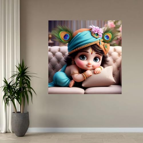 Image of Akki Wold Sky Blue Cute Eyes On Soffa With Pillow Wall Poster For Living Room, Office, Pooja Room (Size - 46CM X 46CM)