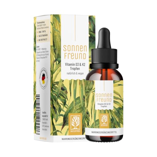 NATURTREU Vitamin D3 K2 Tropfen hochdosiert & vegan - 100% pflanzlich (ohne tierisches Lanolin) - 1000IE Vitamin D + Vitamin K2 - Sonnenfreund