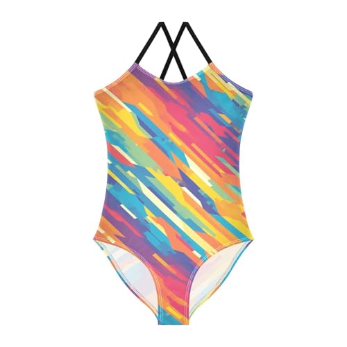 KLL Abstract Rainbow Stripes Girl 1 Piece Swimsuit Beach Swimming Suits Adjustable Strap Quick Dry