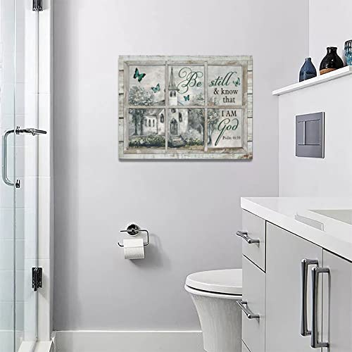 Country Church Wall Art Christian Religious Bible Verse Wall Decor Be Still And Know Canvas Prints Framed Modern Psalm Painting Artwork For Church Bathroom Kitchen Dining Room Office 16"X12" #TOP1